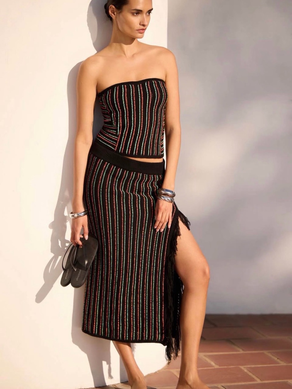 Striped Black Fringe Maxi Skirt - Black with Red & Green Accents